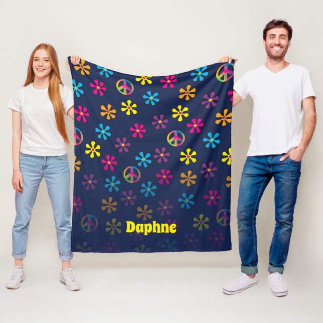 Couverture Polaire Hippie super Paix et Douche à Fleur Nom personnali (En situation)