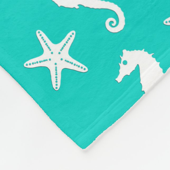 Couverture Polaire Hippocampe et étoile de mer - blanc sur turquoise (Coin)