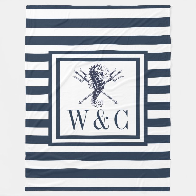 Couverture Polaire Hippocampe nautique à rayure bleu marine monogramm (Devant)