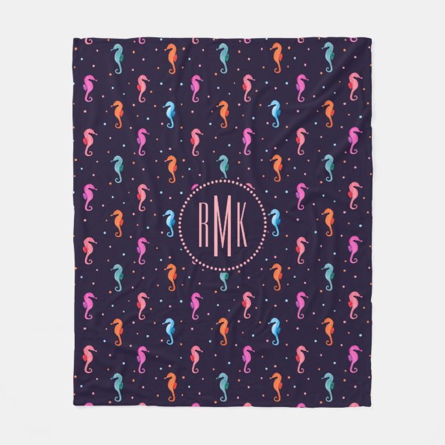 Couverture Polaire Hippocampes d'aquarelle sur le motif de bleu (Devant)