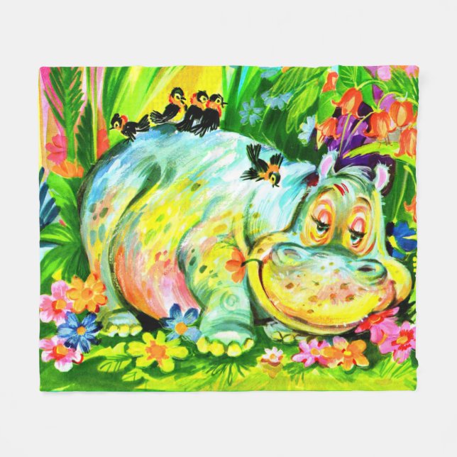 Couverture Polaire hippopotame et oiseaux aux couleurs vives (Devant (Horizontal))