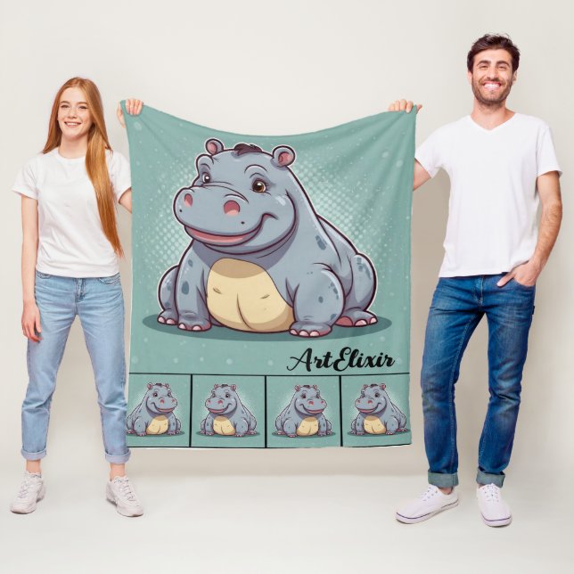 Couverture Polaire Hippopotamus Funny Kawaii Blue Print (En situation)