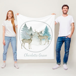 Couverture Polaire Hiver Bois Aquarelle Noël Cerf