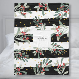 Couverture Polaire Hiver chic noir moderne de monogramme de famille