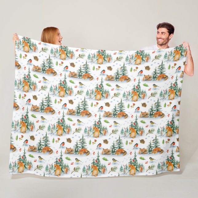 Couverture Polaire Hiver Cosy Nature Fox Rabbit Oiseaux Pine Cônes (En situation)