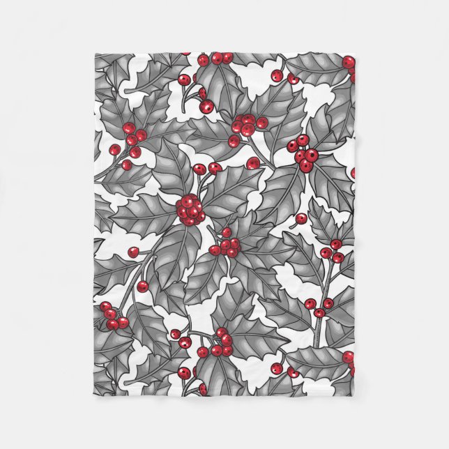 Couverture Polaire Holly berry, feuilles gris sur blanc (Devant)