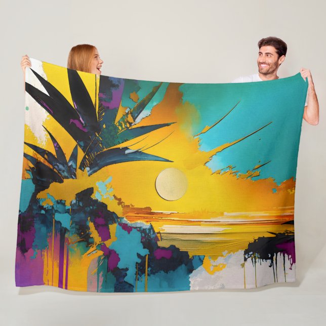 Couverture Polaire Horizon Doré – Coucher de soleil tropical abstrait (En situation)