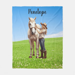 Couverture Polaire Horse Girl Horseback équitation Meadow Personnalis