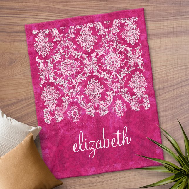 Couverture Polaire Hot Pink Grunge Damask Pattern Script Nom (Personalized Fleece Blanket)