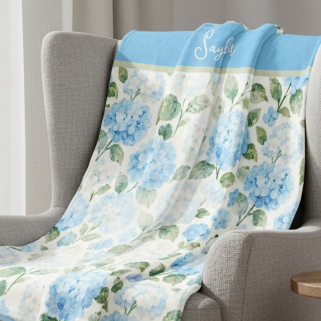 Couverture Polaire Hydrangea Floral Bleu Aquarelle Nom (Créateur téléchargé)