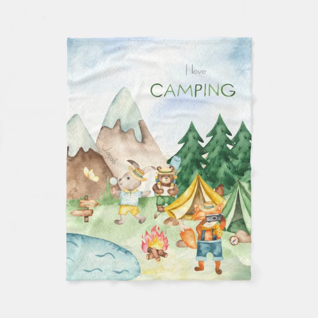 Couverture Polaire I Love Camping Bois Animaux Enfants Aquarelle (Devant)