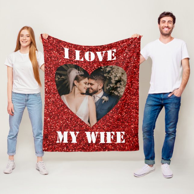 Couverture Polaire I Love My Wife Heart Custom Photo Red Parties scin (En situation)