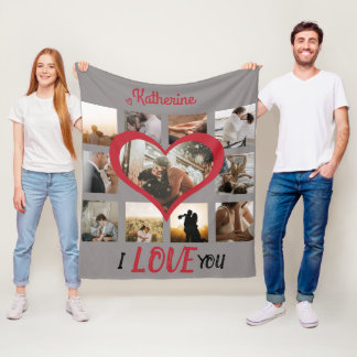Couverture Polaire I Love You Heart Photo Collage Style Red Script