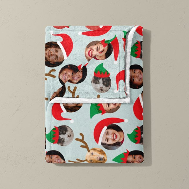 Couverture Polaire Ice Blue Silly Christmas Crew Six Photos (Christmas Crew six photo fleece blanket with classic red and green hat on ice blue background)