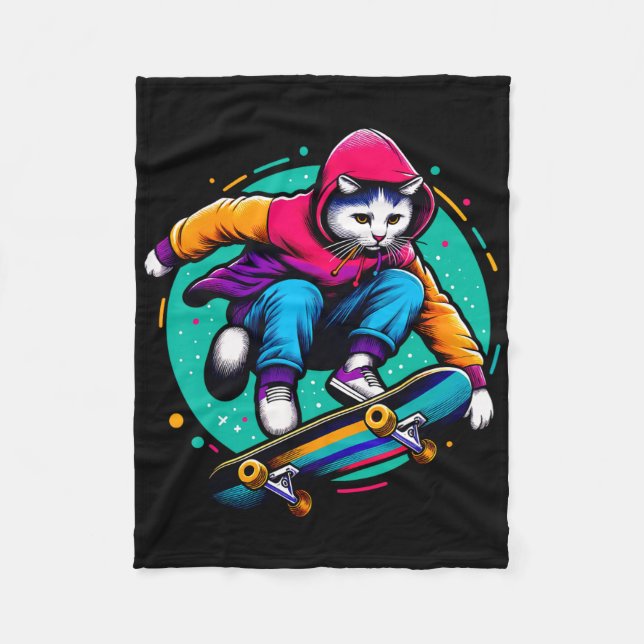 Couverture Polaire Illustration de chat funky cool amateur de skatebo (Devant)
