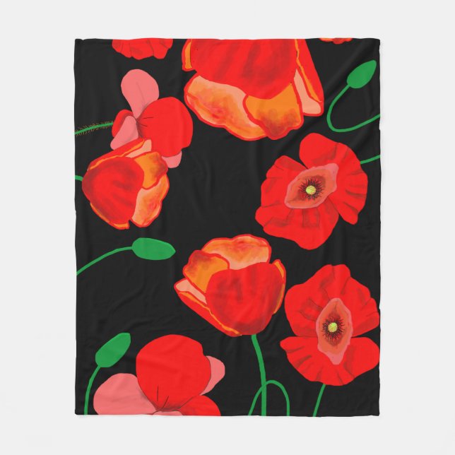 Couverture Polaire Illustration de coquelicots rouges sur fond noir  (Devant)