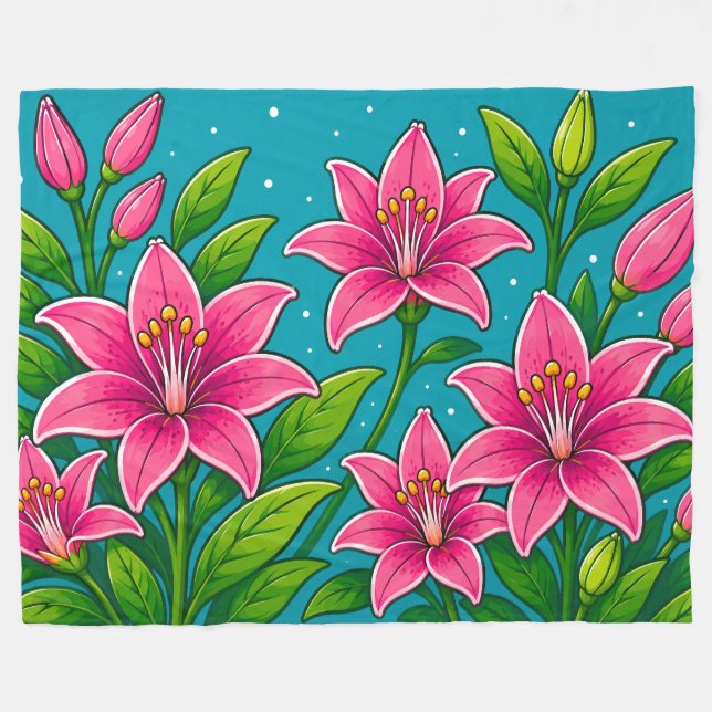 Couverture Polaire Illustration de fleurs de lys roses avec feuillage (Devant (Horizontal))