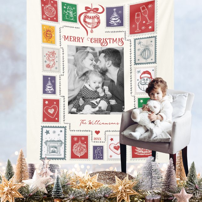 Couverture Polaire Illustration de Noël par timbre rétro (Whimsical Retro Stamp Christmas Photo Fleece Blanket Holiday Season Gift Decor Baby's Room Nursery)