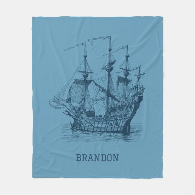 Couverture Polaire Illustration de voilier vintage bleu foncé (Devant)