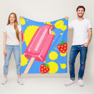 Couverture Polaire Illustration Fun Pink Popsicle and Strawberries