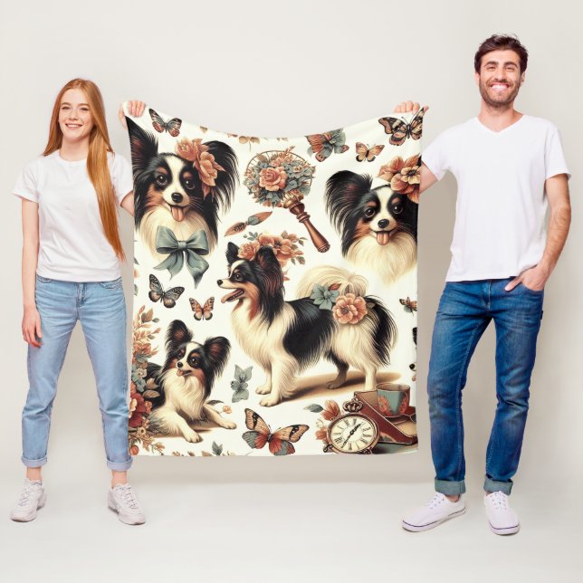 Couverture Polaire Illustration Vintage de chien Papillon (En situation)
