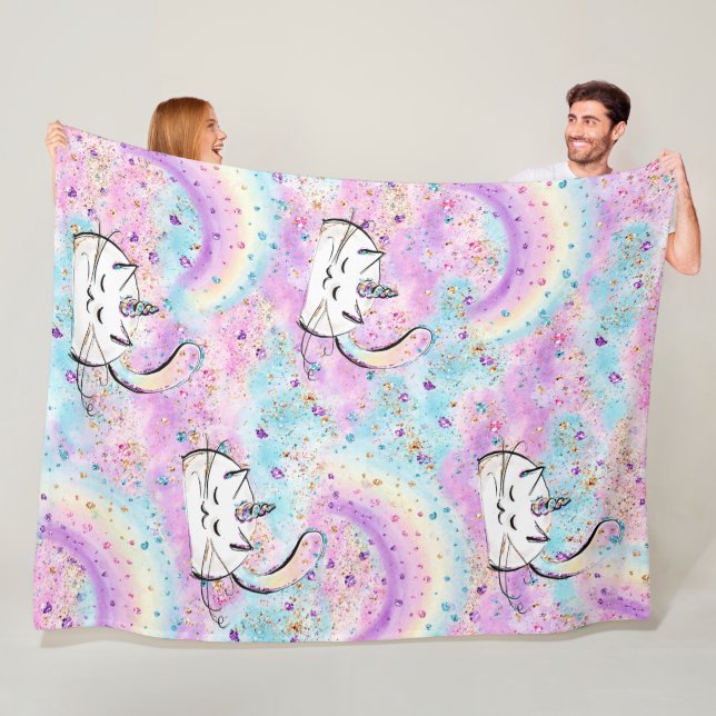 Couverture Polaire Imaginaire Chat Unicorne dans les nuages de bonbon (En situation)