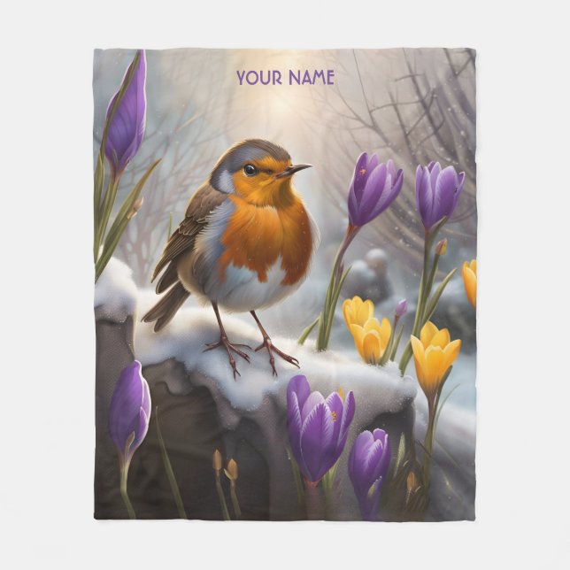 Couverture Polaire Imaginaire Mignonne Robin Fleurs de neige (Devant)