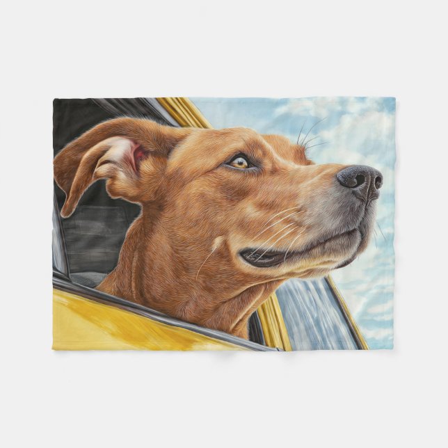 Couverture Polaire Impression d'art Chien Heureux dans une Voiture Ja (Devant (Horizontal))