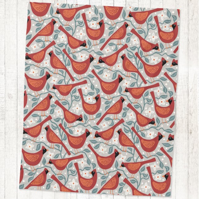 Couverture Polaire Impression de bloc de fleurs de cornouiller améric (Cardinal bird American dogwood branch flower arts and crafts style block print fleece blanket)
