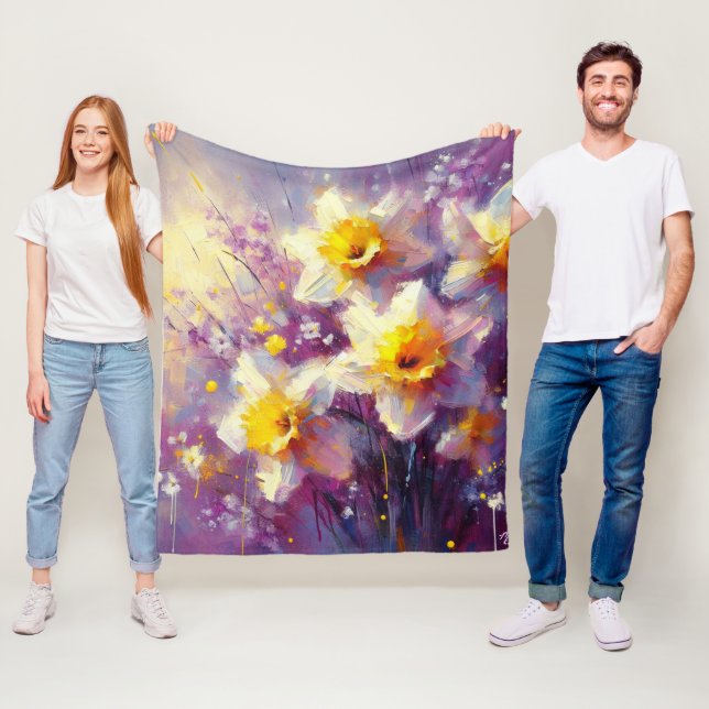 Couverture Polaire Impressionniste Daffodique Floral Purple Jaune Art (En situation)
