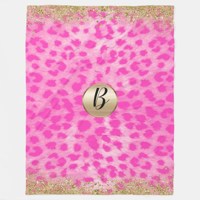 Couverture Polaire Imprimé léopard rose paillettes dorées monogramme (Devant)