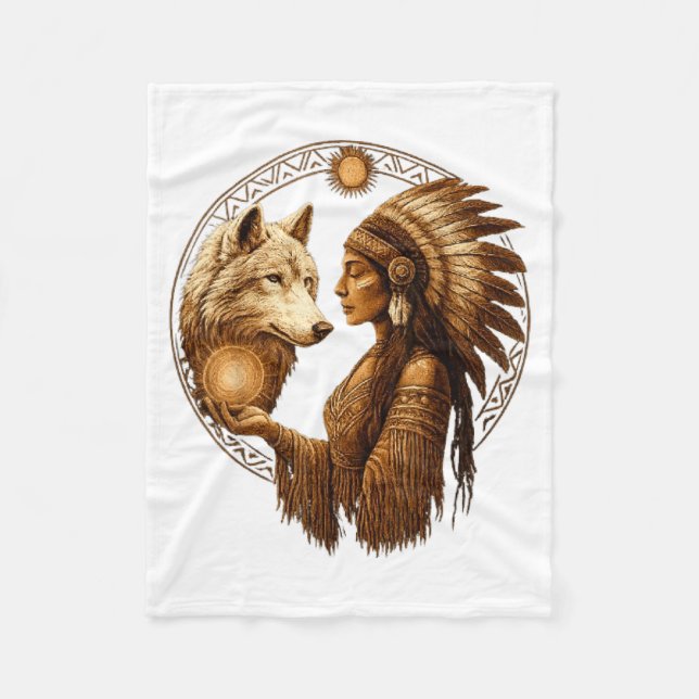 Couverture Polaire Indian Native American Woman With White Wolf Vinta (Devant)