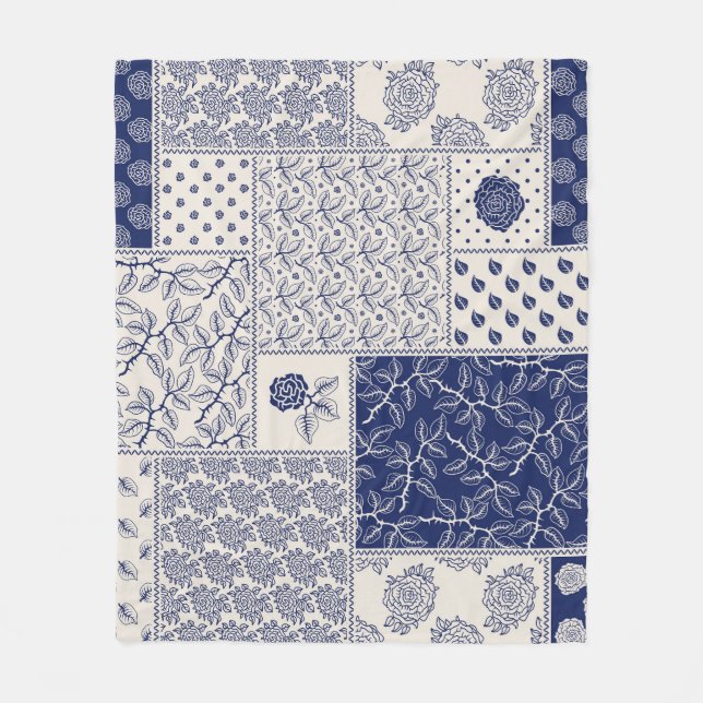 Couverture Polaire Indigo Bleu Beige Floral Patchwork (Devant)