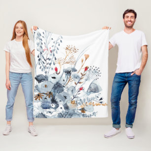 Couverture Polaire Indigo et ocre - fleurs d'aquarelle