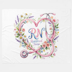 Couverture Polaire Infirmière diplômée RN Fleece à cœur floral aquare