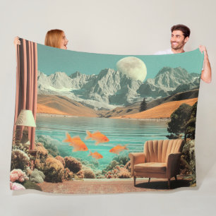 Couverture Polaire Intérieur surréaliste avec poissons et paysage au 
