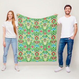 Couverture Polaire Jacobean Floral Damask, vert et corail rouge