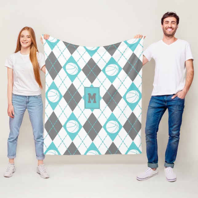 Couverture Polaire Jacquard à thème de basket blanc gris turquoise (En situation)