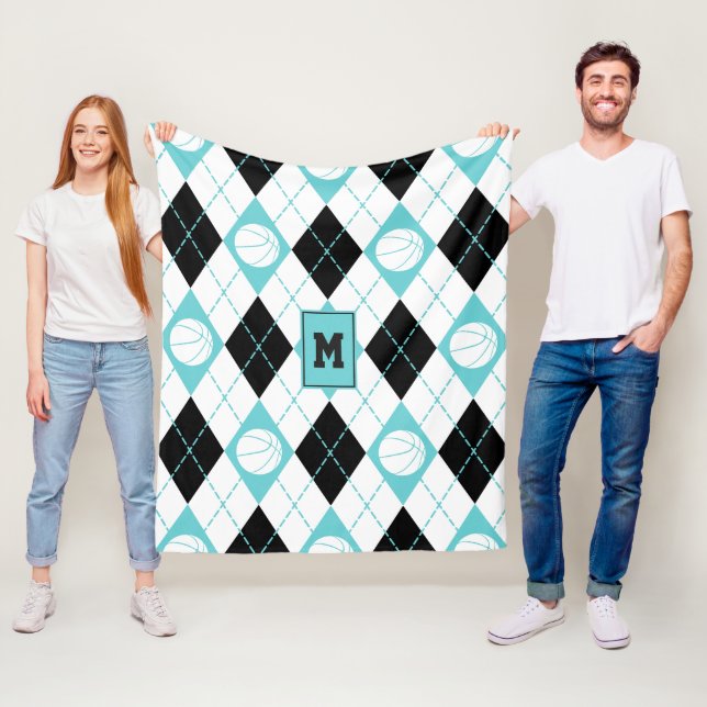 Couverture Polaire Jacquard turquoise noir blanc de basket (En situation)