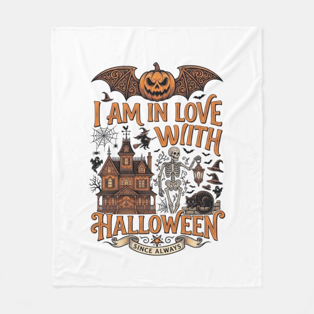 Couverture Polaire J'aime Halloween Maison Hantée Squelette Citrouill (Devant)