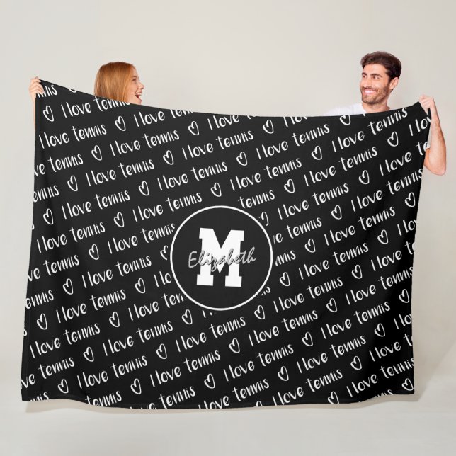 Couverture Polaire J'aime tennis texte coeurs noir blanc TOUTE couleu (En situation)