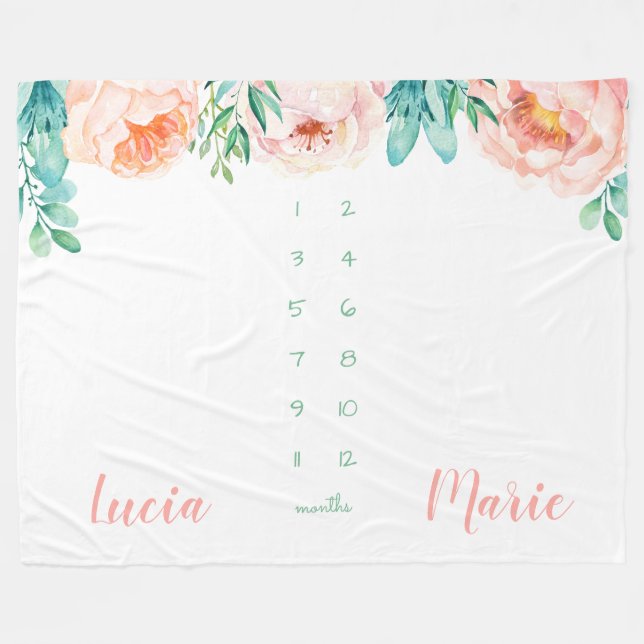 Couverture Polaire Jalon jumeau fille fille aquarelle fleurs pêche (Devant (Horizontal))