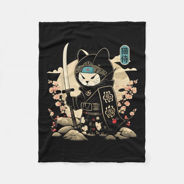 Couverture Polaire Japonais Samurai Chat Tattoo Kawaii Ninja Chat _1 (Devant)
