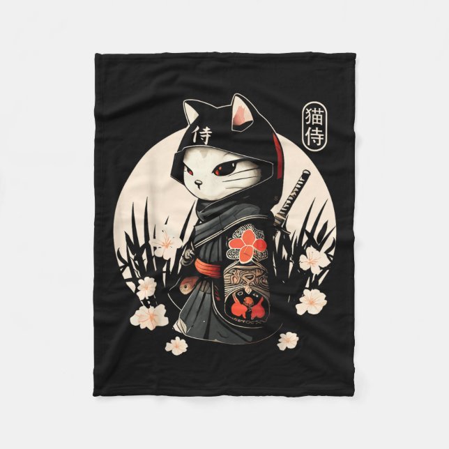 Couverture Polaire Japonais Samurai Chat Tattoo, Kawaii Ninja Chat _1 (Devant)