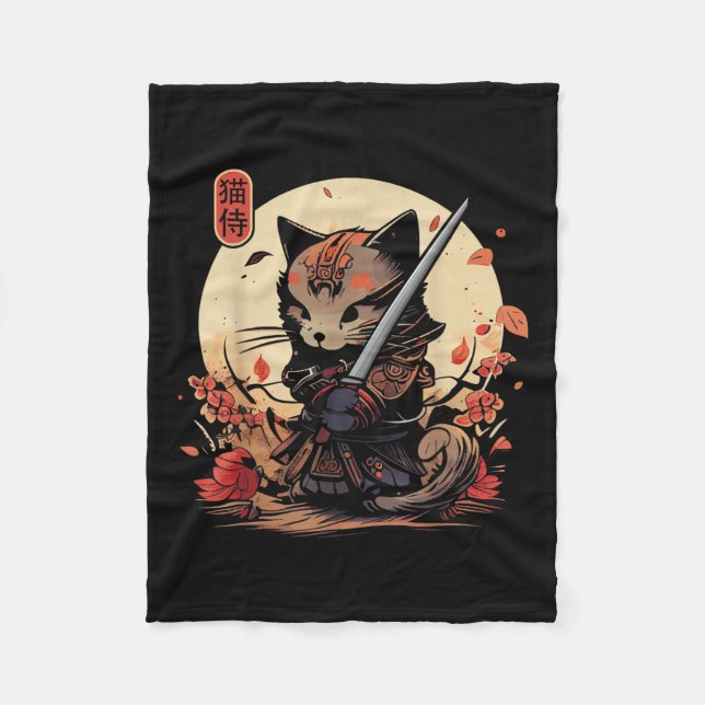 Couverture Polaire Japonais Samurai Chat Tattoo, Kawaii Ninja Chat _2 (Devant)