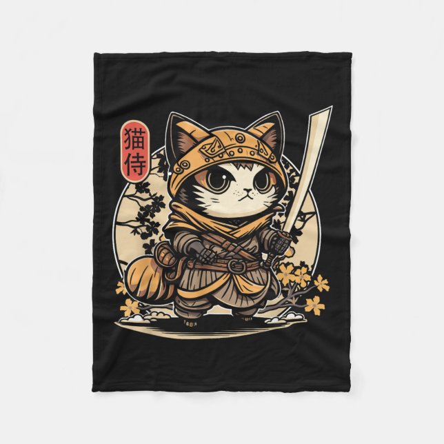 Couverture Polaire Japonais Samurai Chat Tattoo, Kawaii Ninja Chat _3 (Devant)