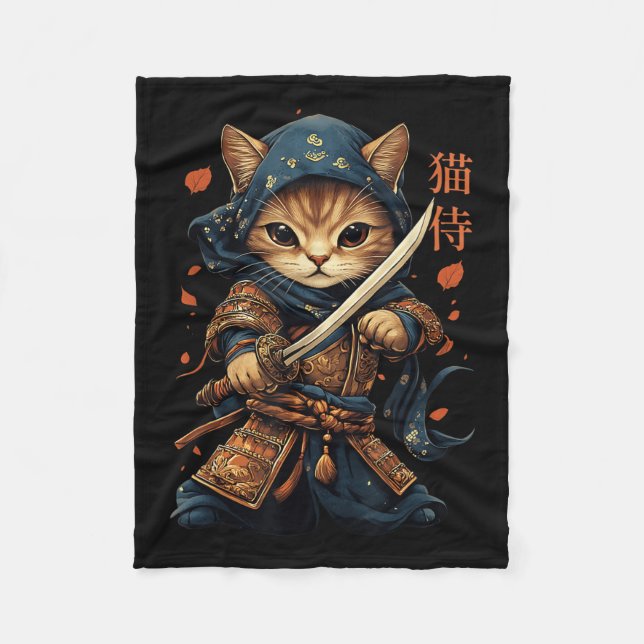 Couverture Polaire Japonais Samurai Chat Tattoo Kawaii Ninja Chat Cha (Devant)