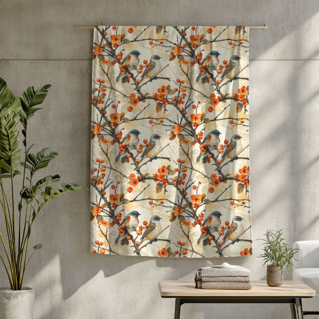 Couverture Polaire Jardin d'automne Oiseaux et fleurs Orange Cuivre B (Fall Garden Birds and Blossoms Orange Brown Copper Fleece Blanket)