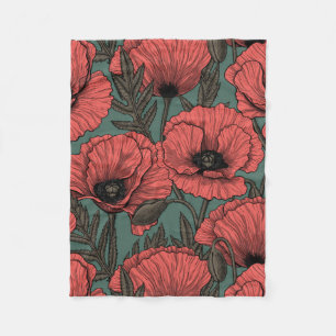 Couverture Polaire Jardin de coquelicot dans le corail, brun et vert