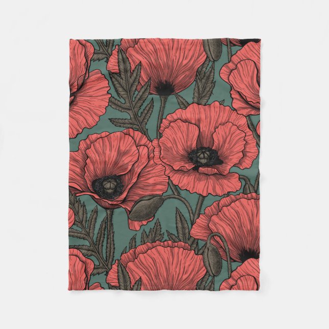 Couverture Polaire Jardin de coquelicot dans le corail, brun et vert  (Devant)